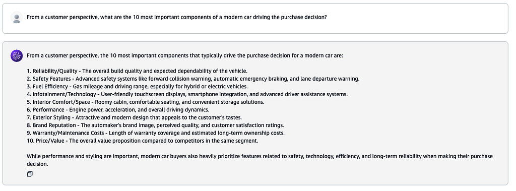 Claude 3 Sonnet listing what car buyers actually prioritise