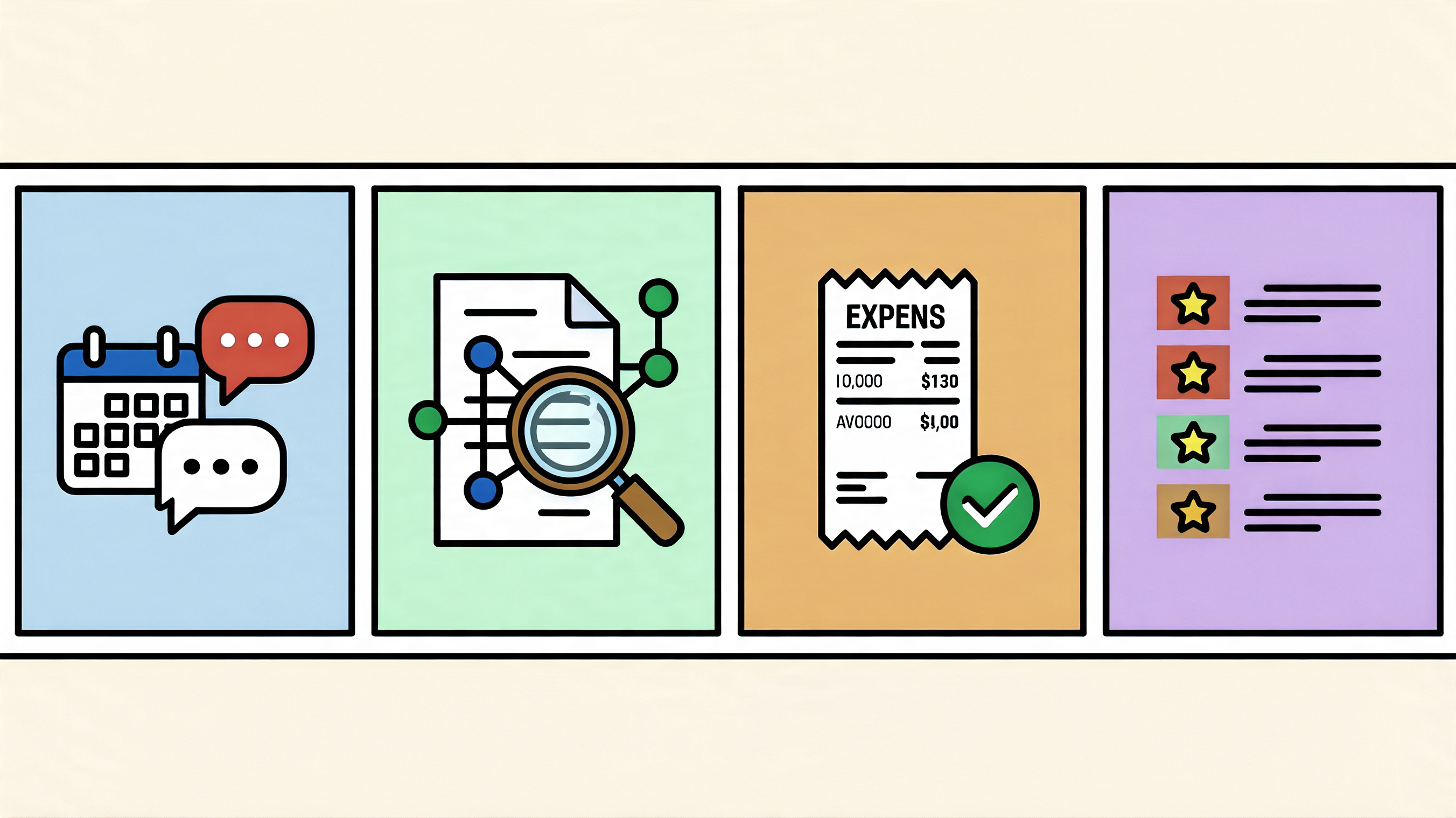 A non-coding day in four panels: meeting prep, research, expenses, curation