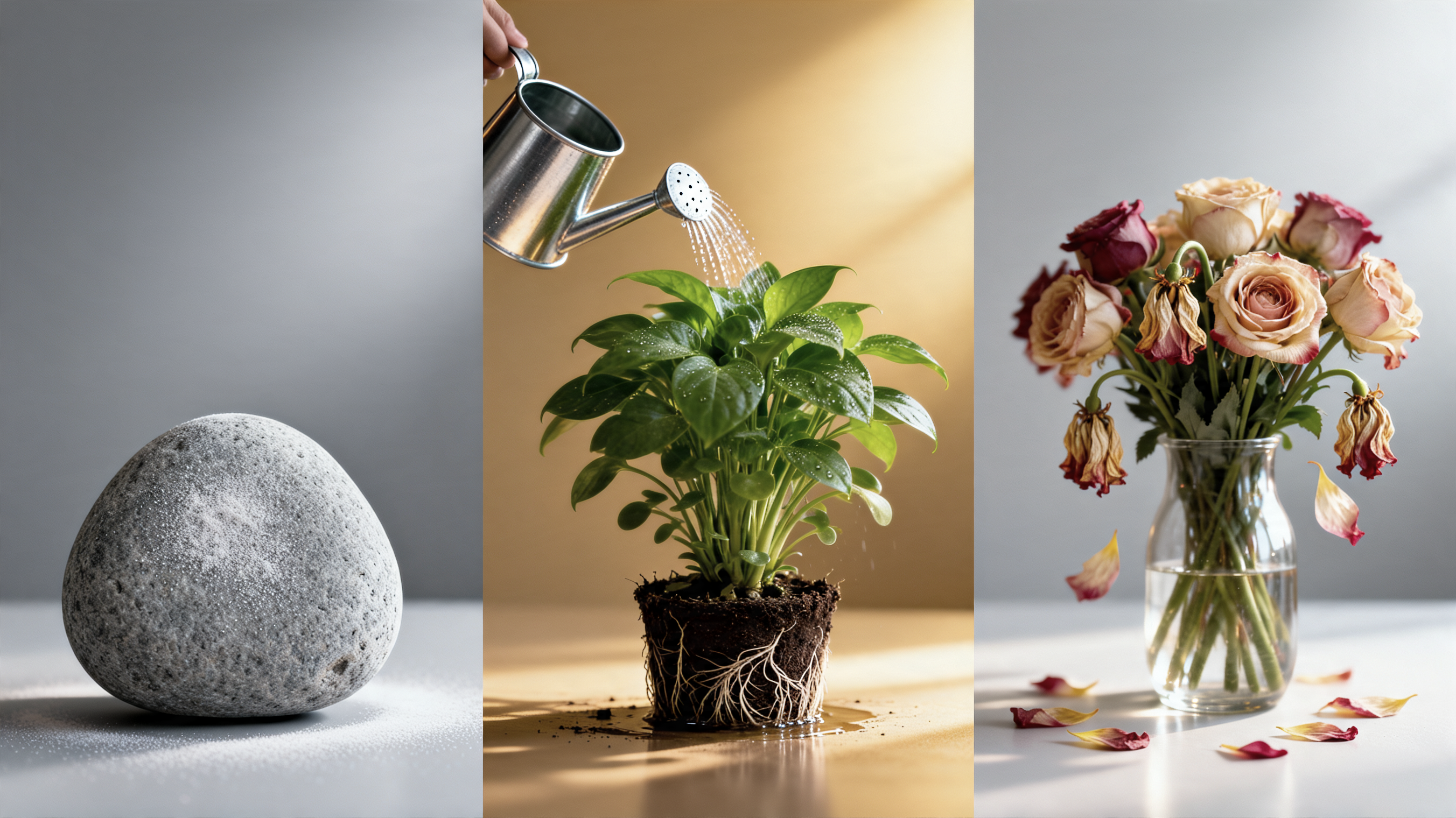 Stones, plants, and cut flowers metaphor