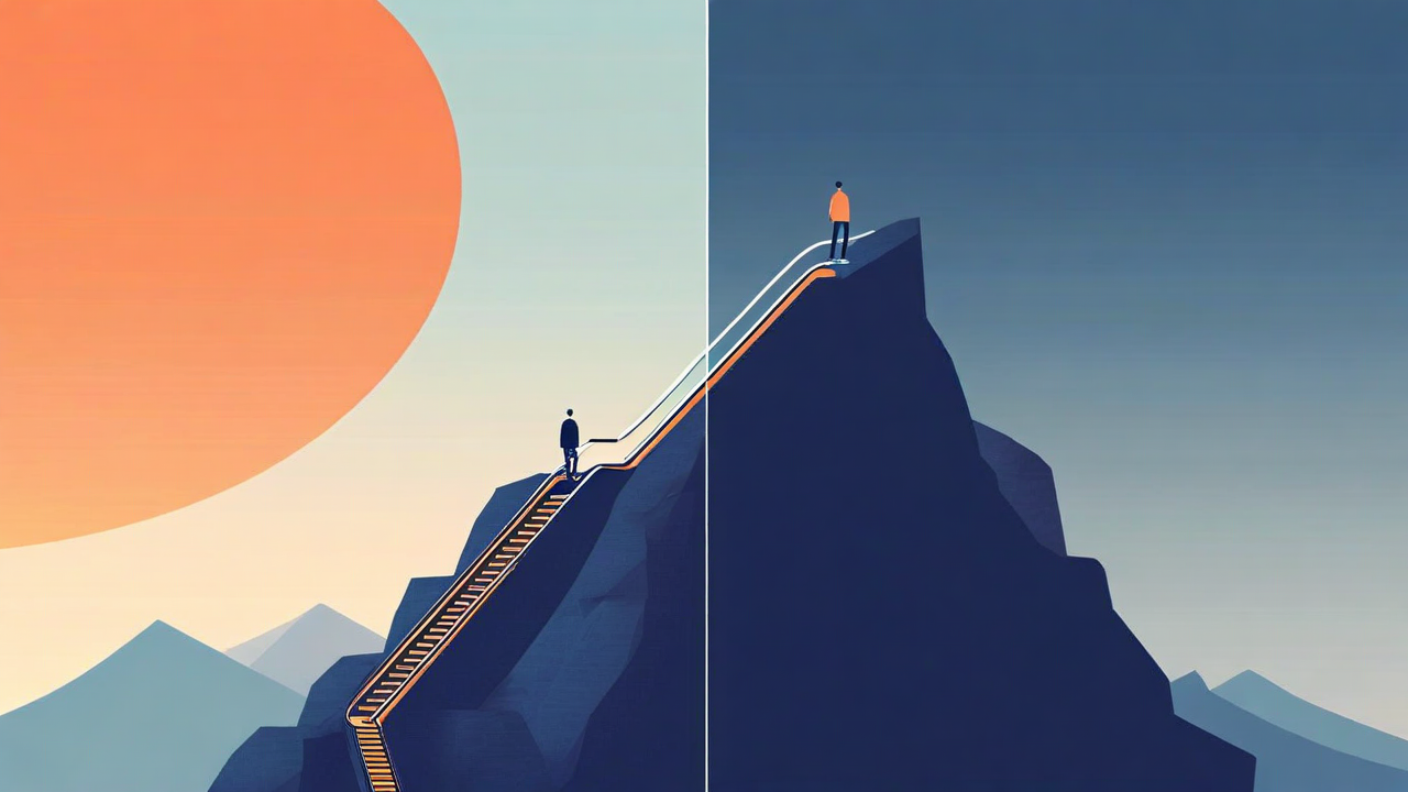 Two stages of climbing a mountain — the patient ascent and reaching the summit