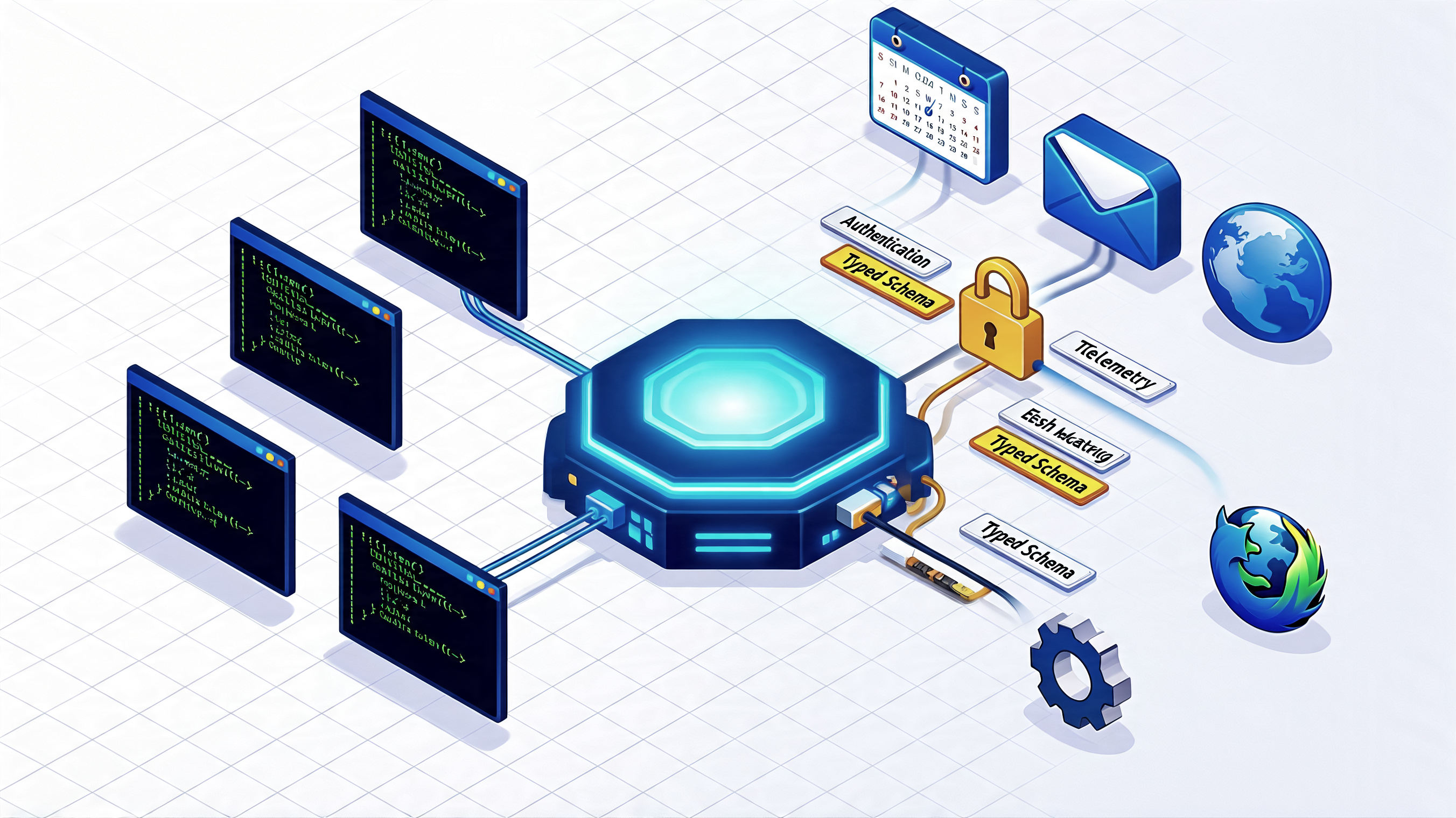 Architecture diagram showing CLI tools on the left and MCP servers through a gateway on the right