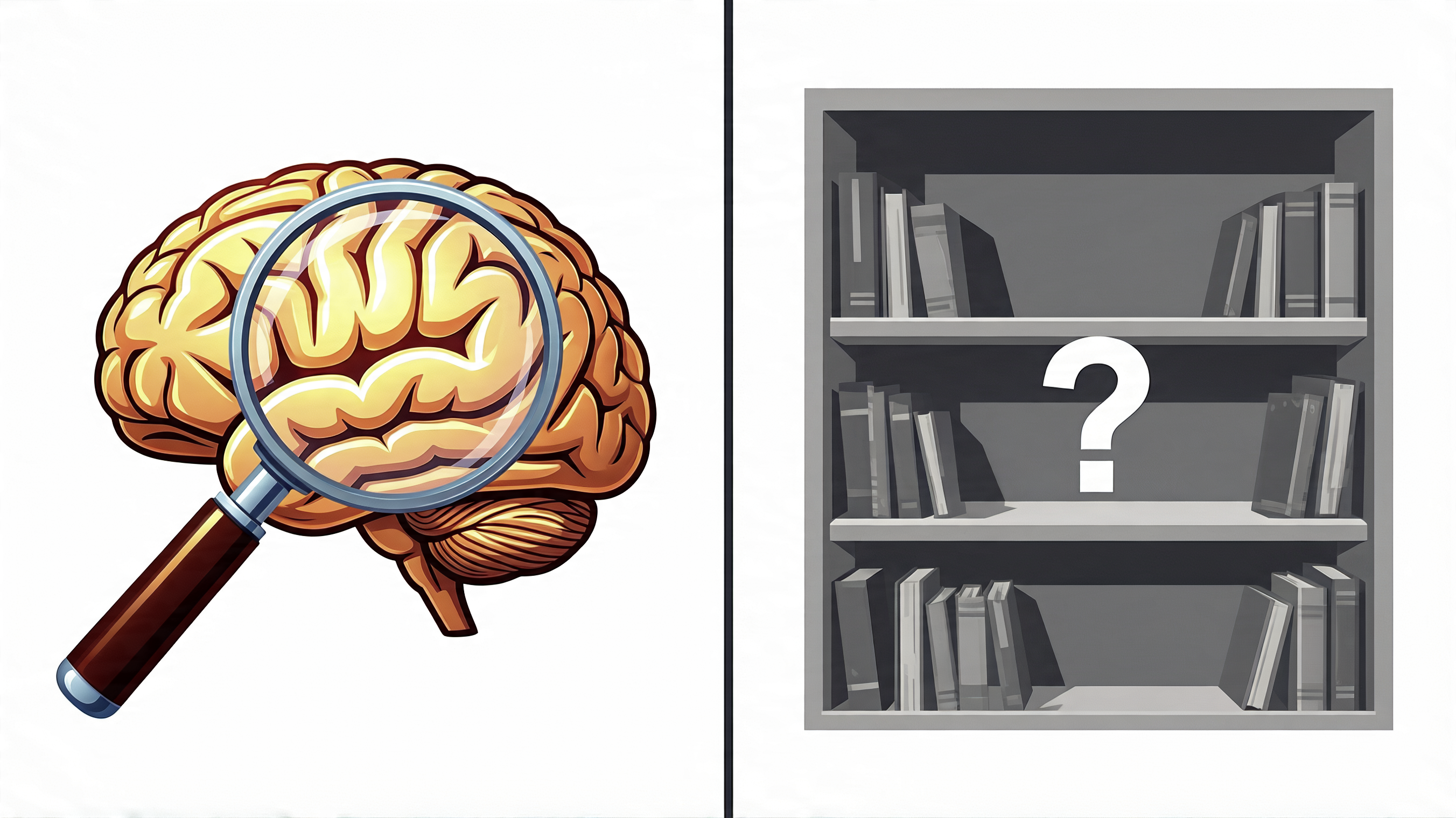 Split scene: magnifying glass amplifying a brain vs an empty bookshelf