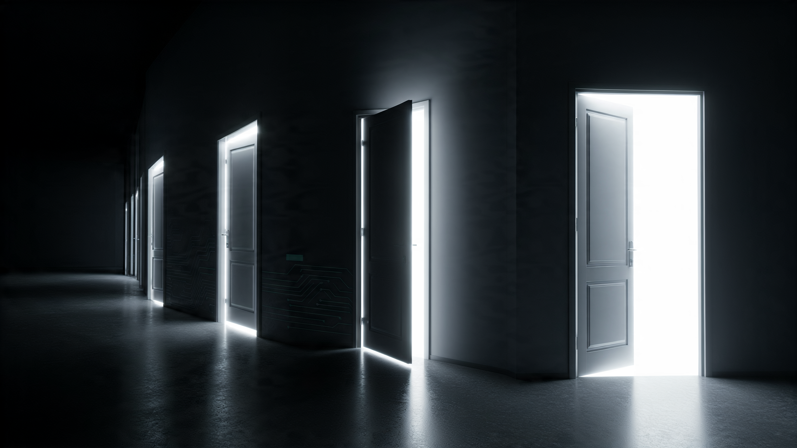 Three doors in a corridor, each more open than the last