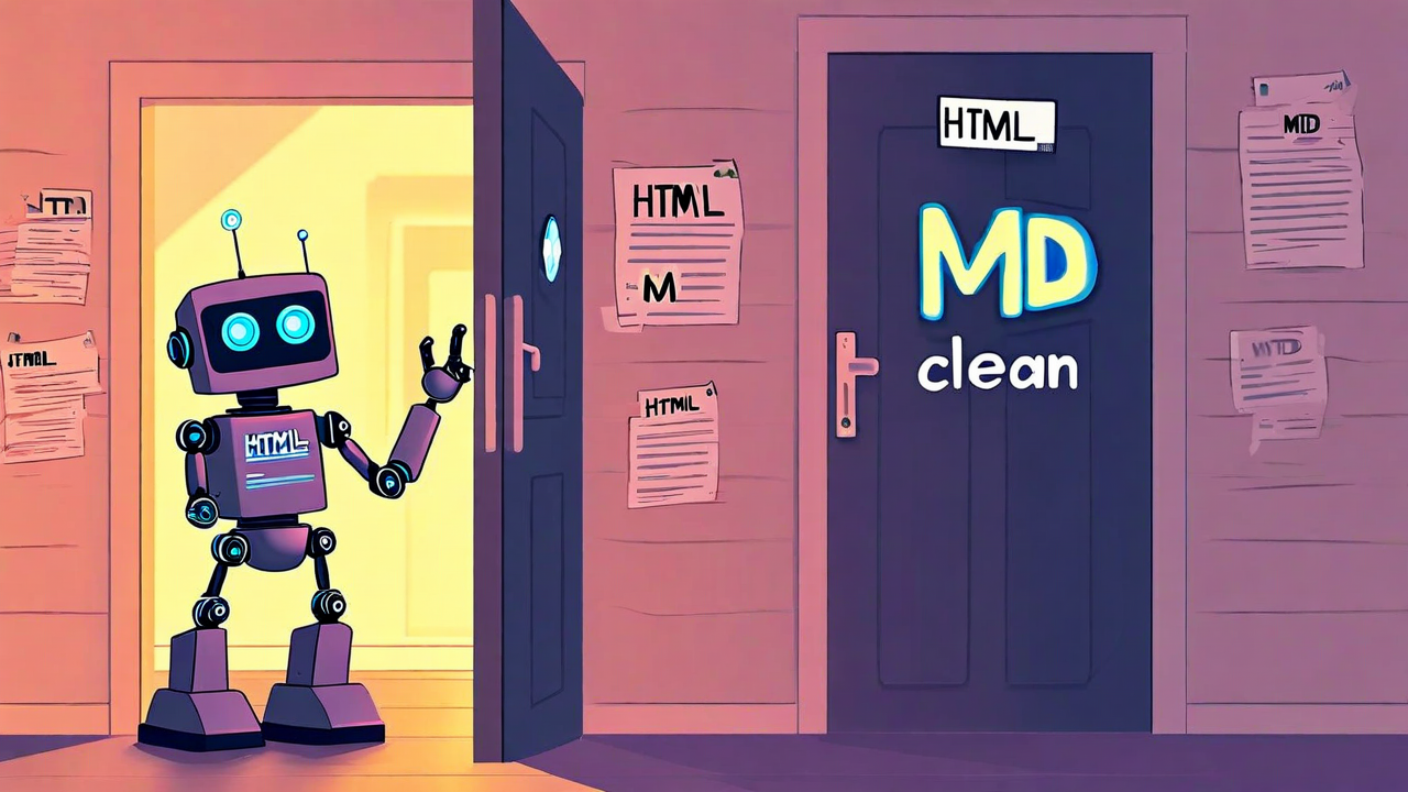 A robot choosing between an HTML door and a Markdown door