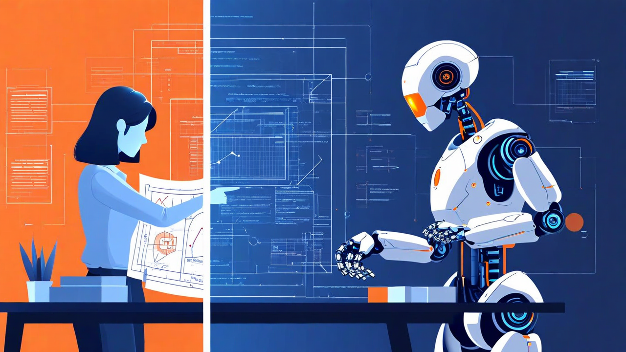 Human architect at drafting table, AI robot building from the blueprint