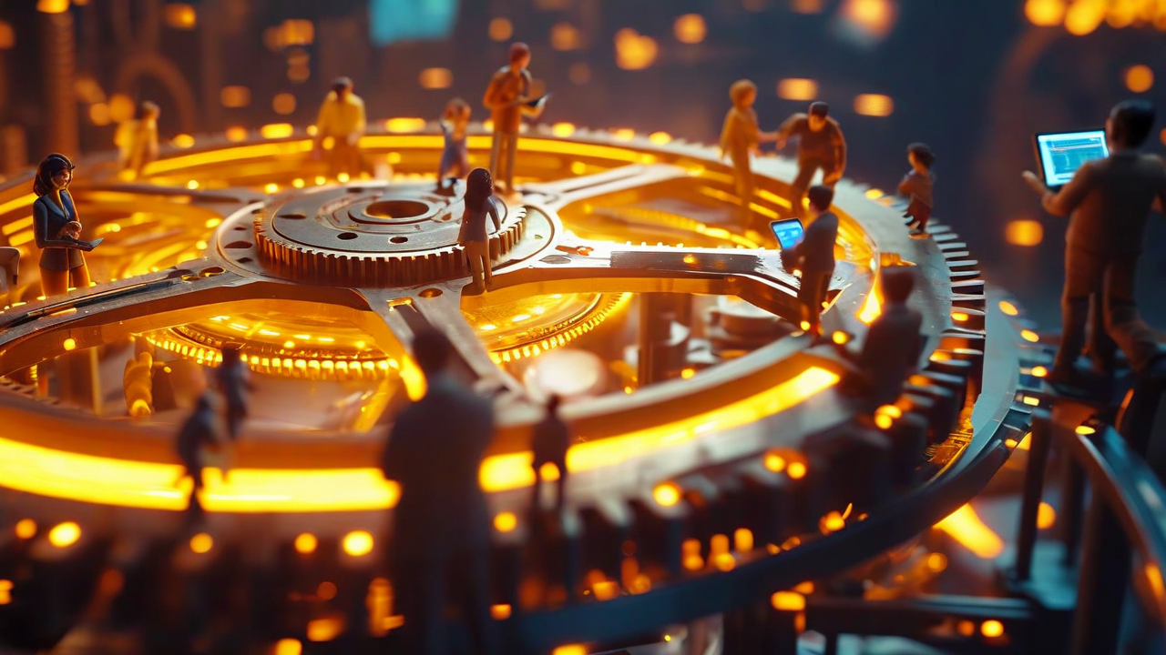 Mechanical flywheel pushed by diverse builders, glowing with energy