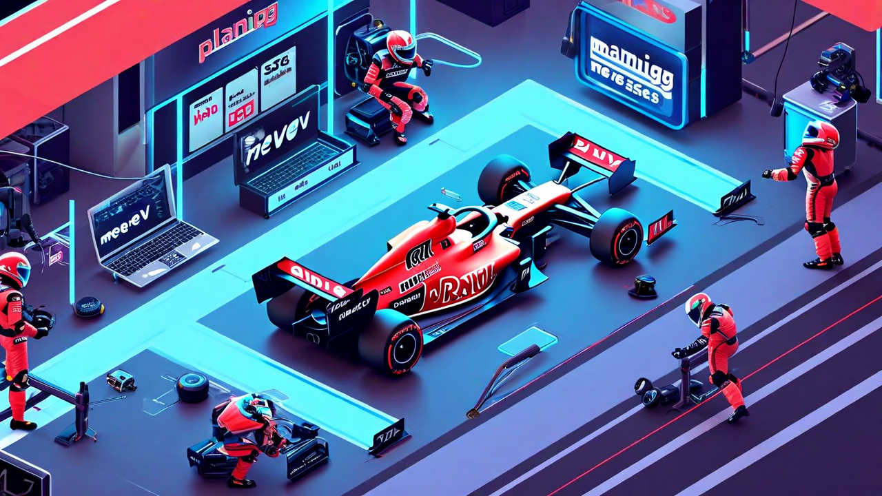 Formula 1 pit stop on a laptop — fast crew, long track ahead