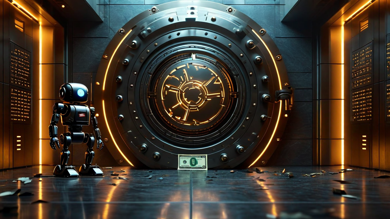 A massive vault cracked open by a $20 bill and a small robot