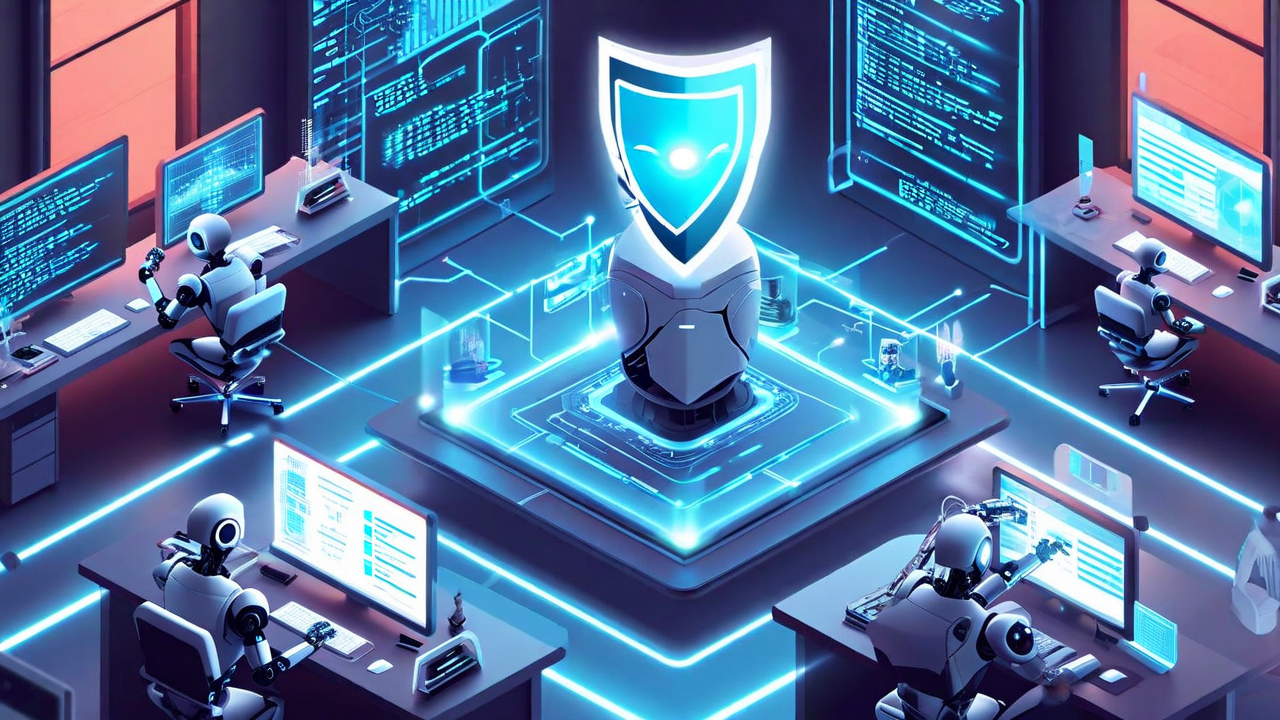 A shield-bearing security robot standing guard among coding robots in a modern office