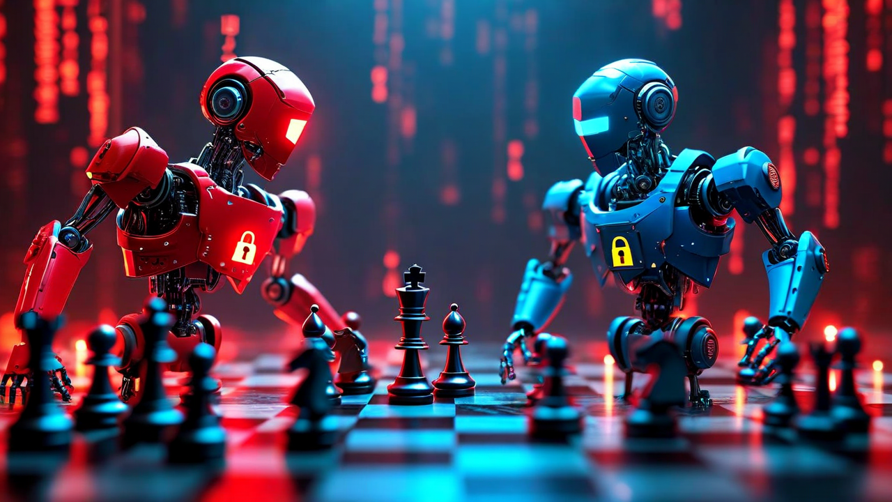 Red attacker robot vs blue defender robot in a chess match