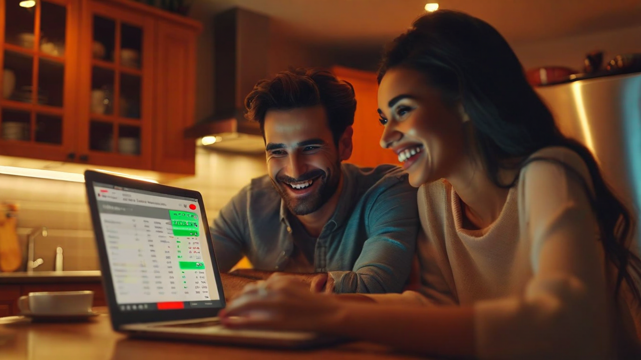 A couple at a kitchen table with a laptop showing subtly wrong mortgage numbers