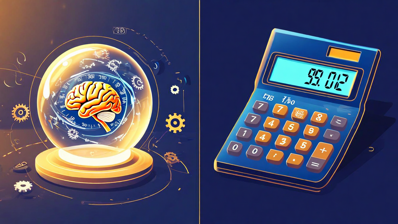 Crystal ball with swirling numbers vs mechanical calculator with precise dials