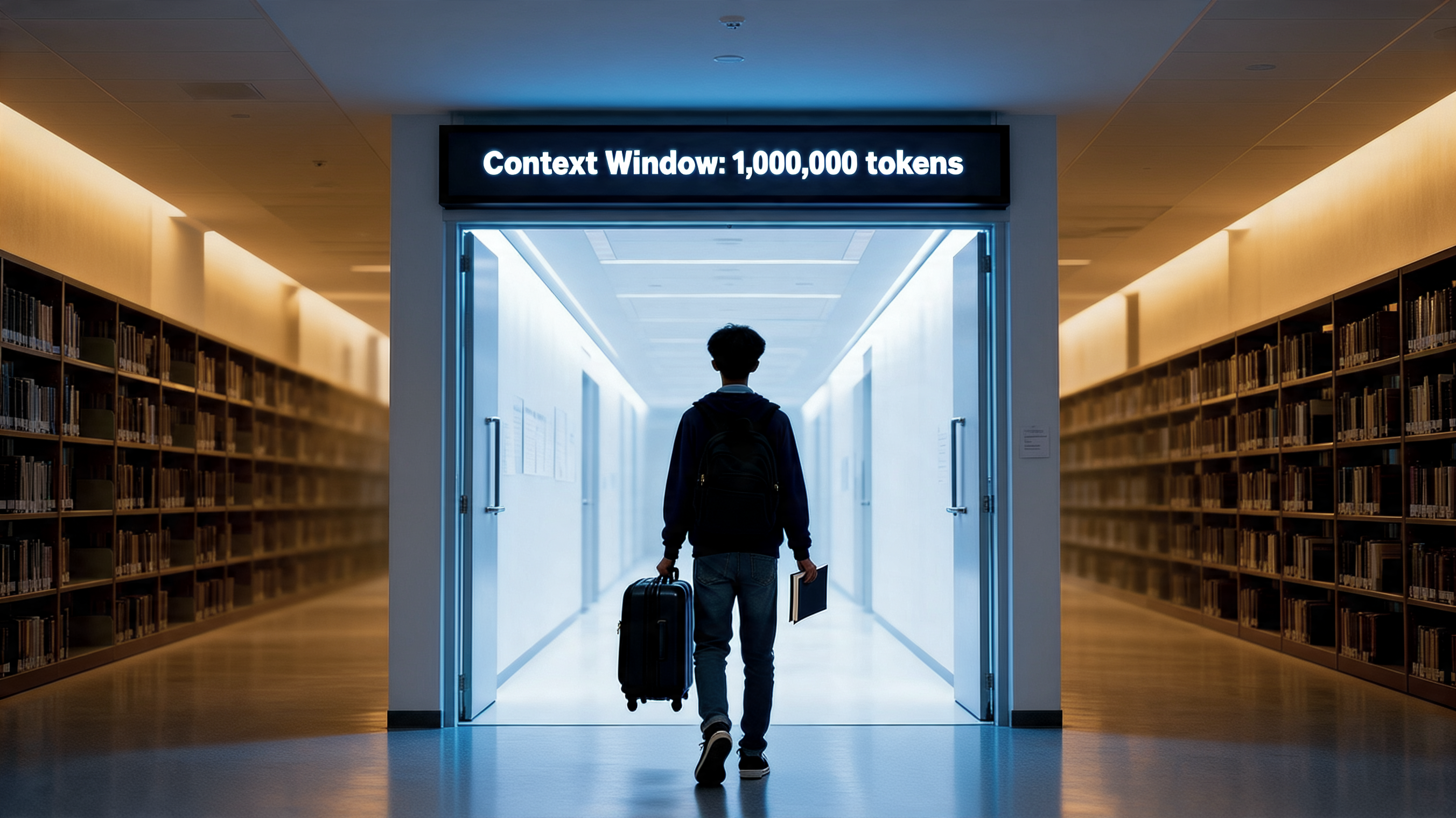 A student entering an exam hall carrying a suitcase and notebook