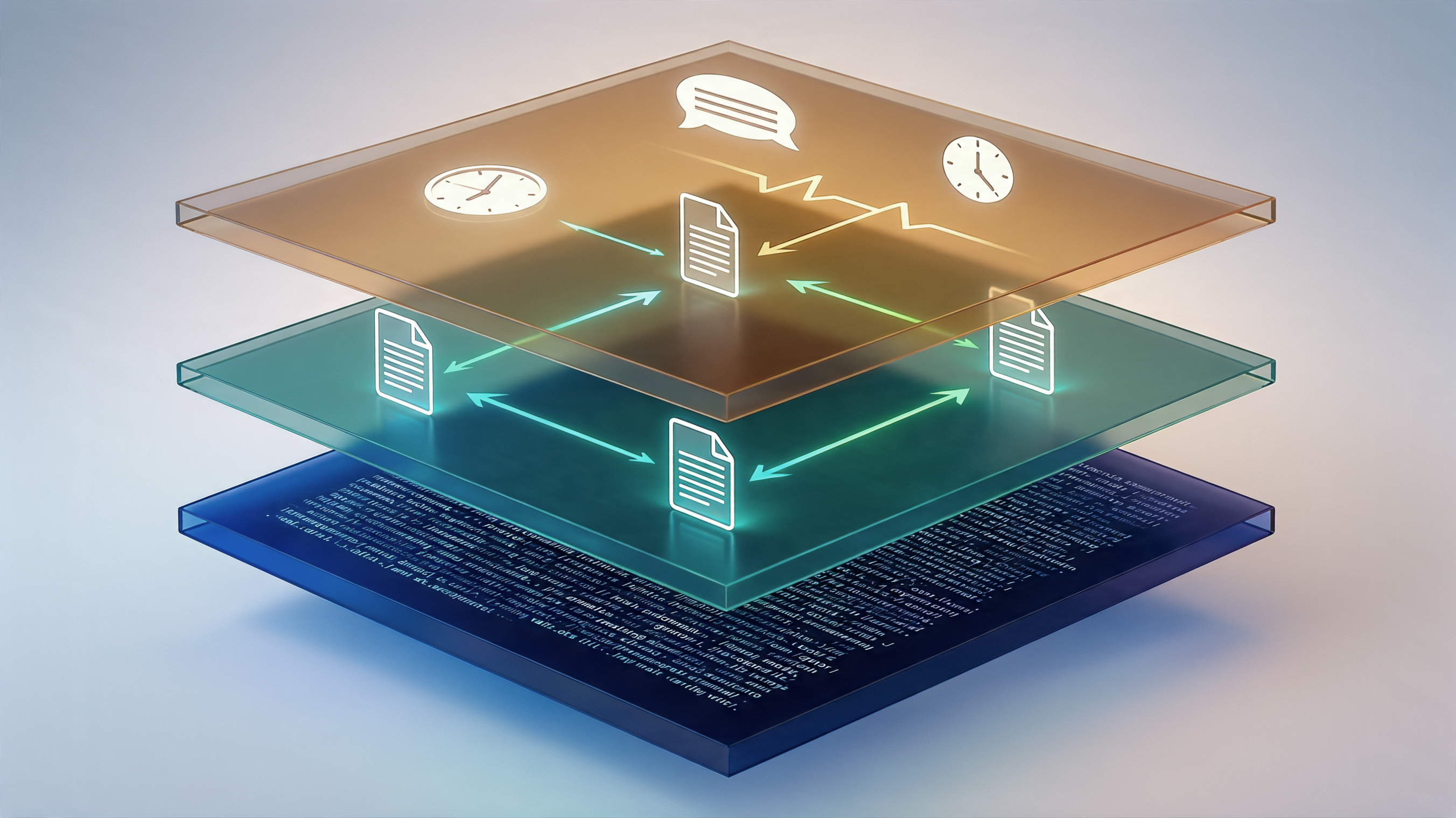 Three translucent knowledge layers stacked vertically