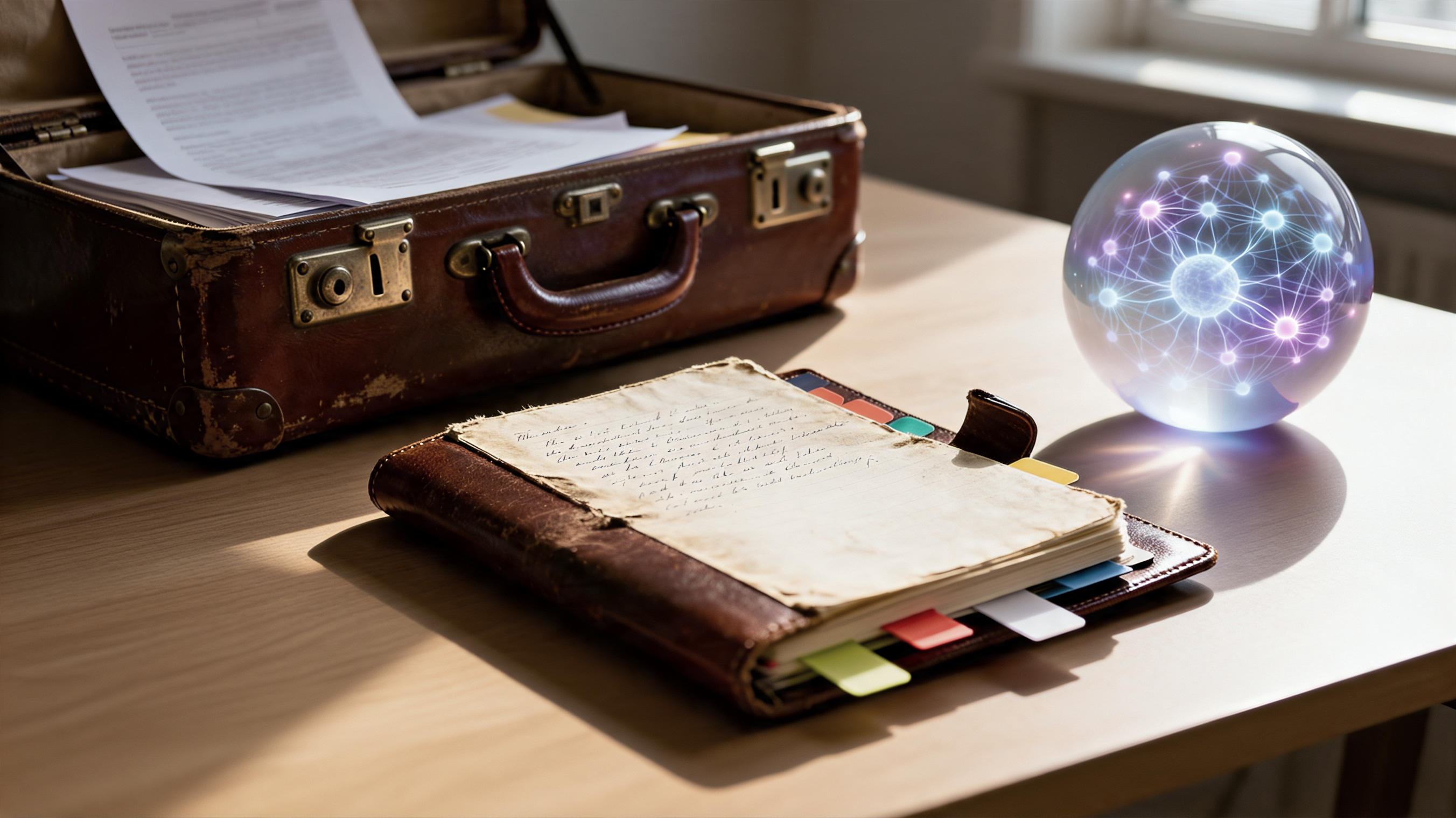 The Suitcase, The Notebook, The Brain — three knowledge sources on a desk
