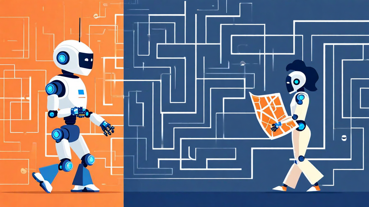 A robot with a map vs a robot lost in a maze