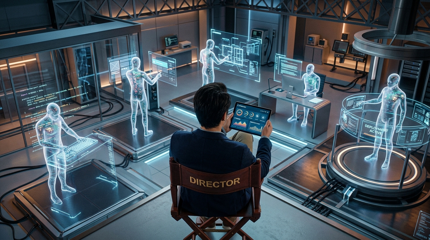 A director in a chair overseeing translucent AI agent figures working at different stations