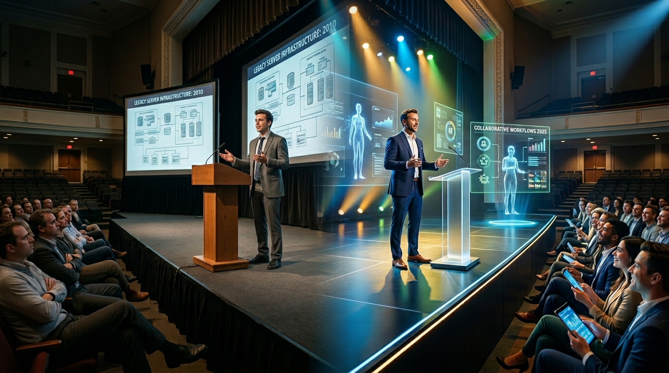 Split-screen of a 2010 tech conference versus a 2025 stage with holographic AI agents