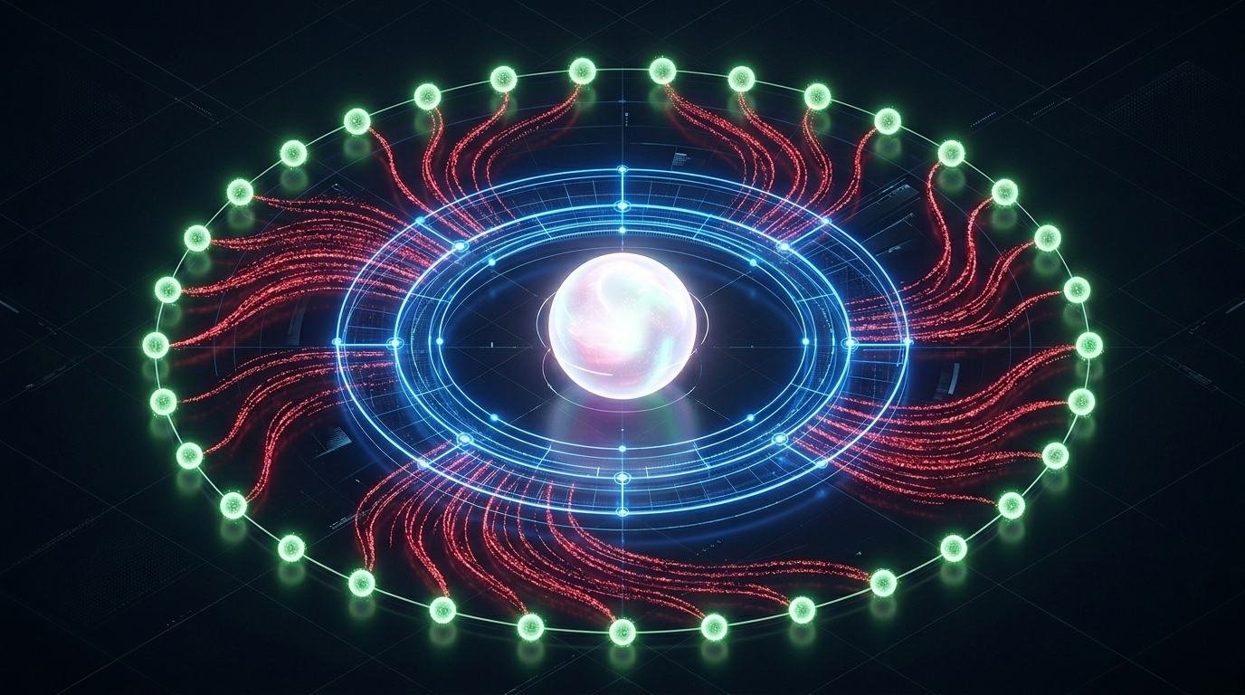 Abstract visualization of a feedback loop with glowing orb, blue guides, and green sensors