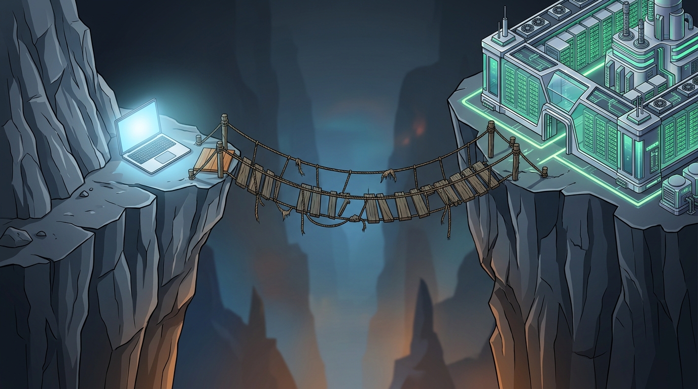 Isometric view of a chasm between a laptop on one cliff and a data center on the other, connected by a rope bridge with missing planks