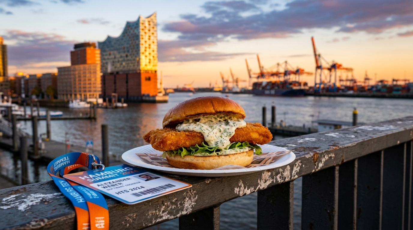 Fischbrötchen on a railing overlooking Hamburg harbor at sunset with the Elbphilharmonie in the background