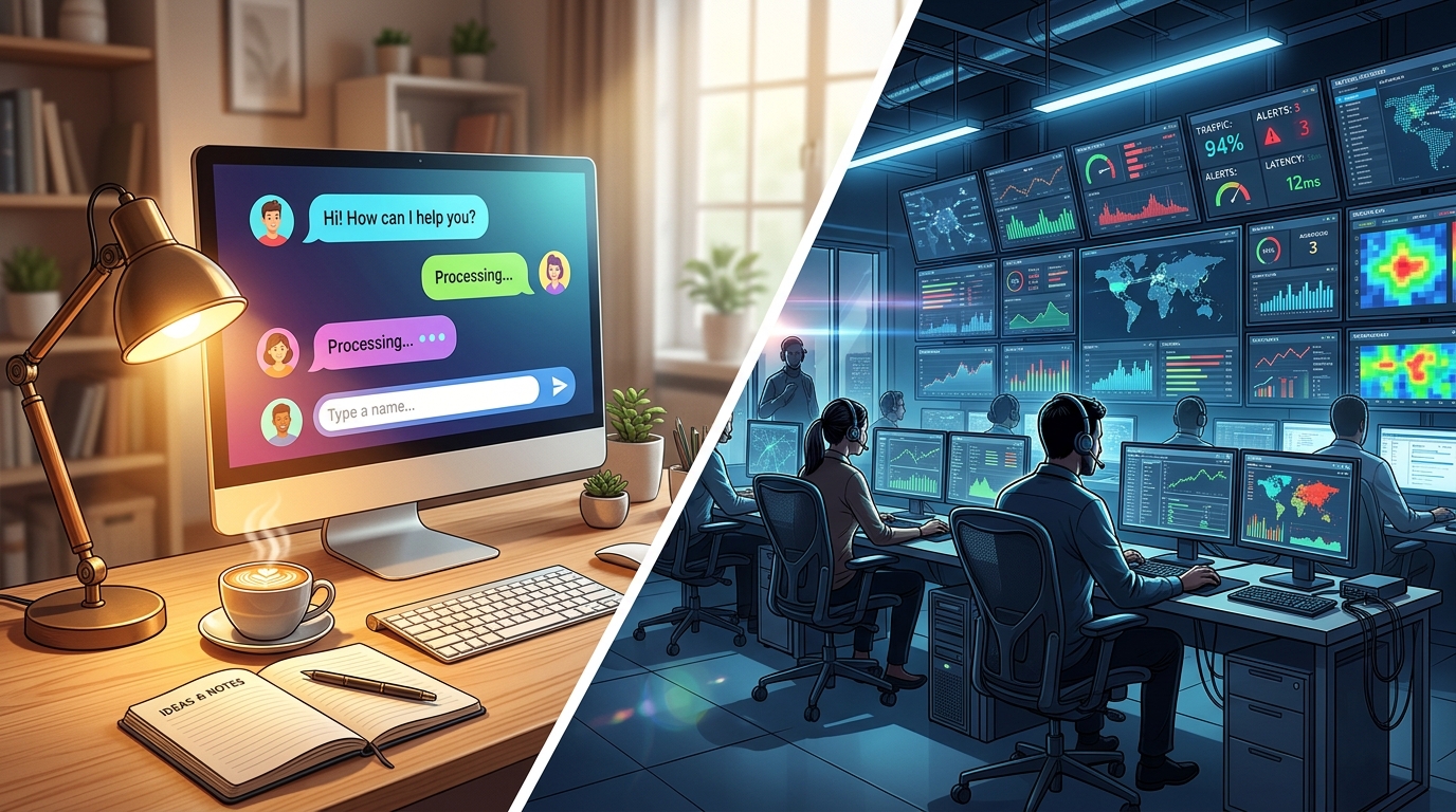 Split screen showing a cozy desk with a chatbot on the left and a busy operations center with dashboards on the right