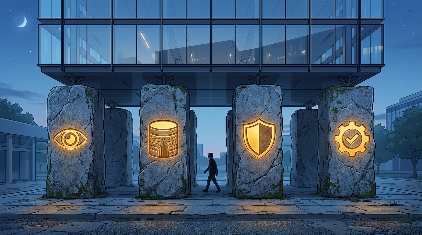 Four stone pillars with glowing symbols for observability, data, trust, and reliability supporting a modern glass building