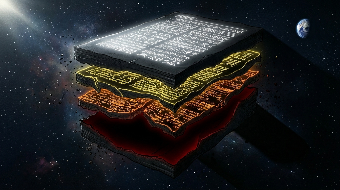 Cross-section of a document revealing hollow layers beneath a professional surface