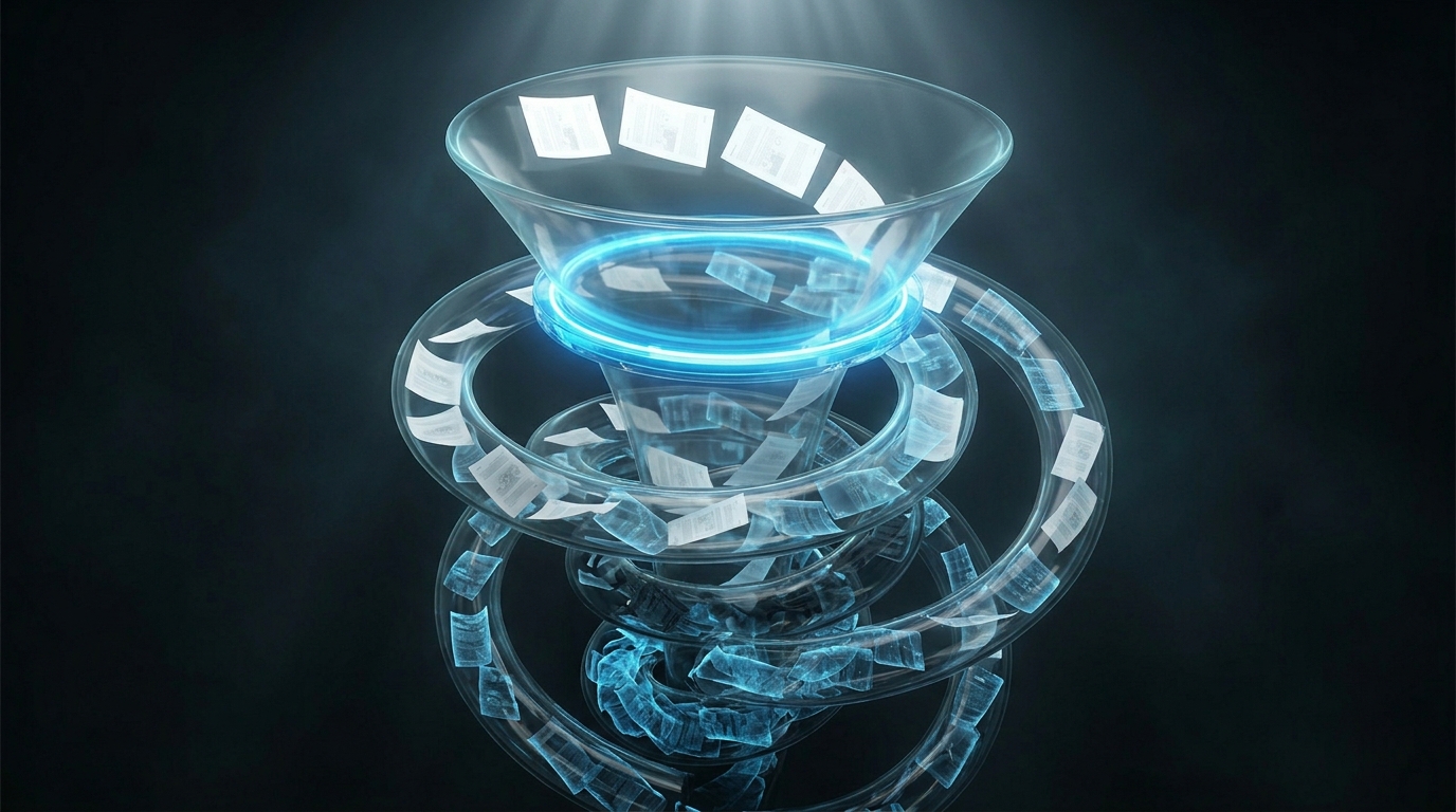 A downward spiral of documents becoming increasingly transparent and ghostly