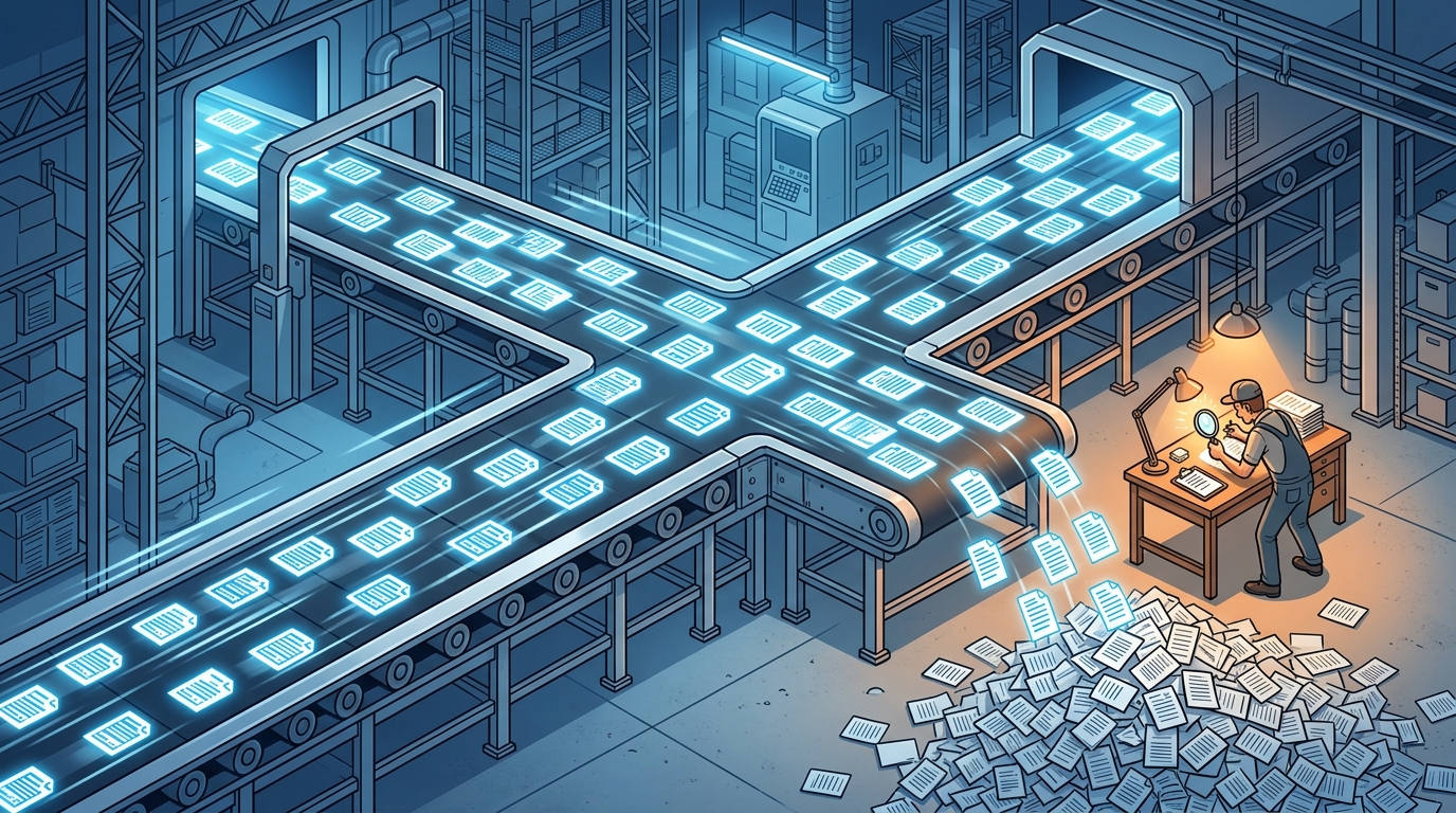 A conveyor belt of documents rushing past an overwhelmed human inspector