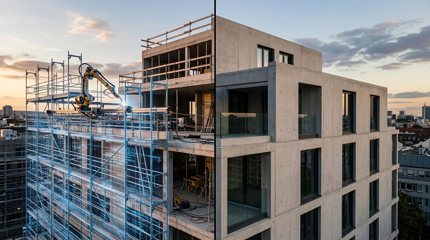Split view comparing scaffolding around a building versus the building itself