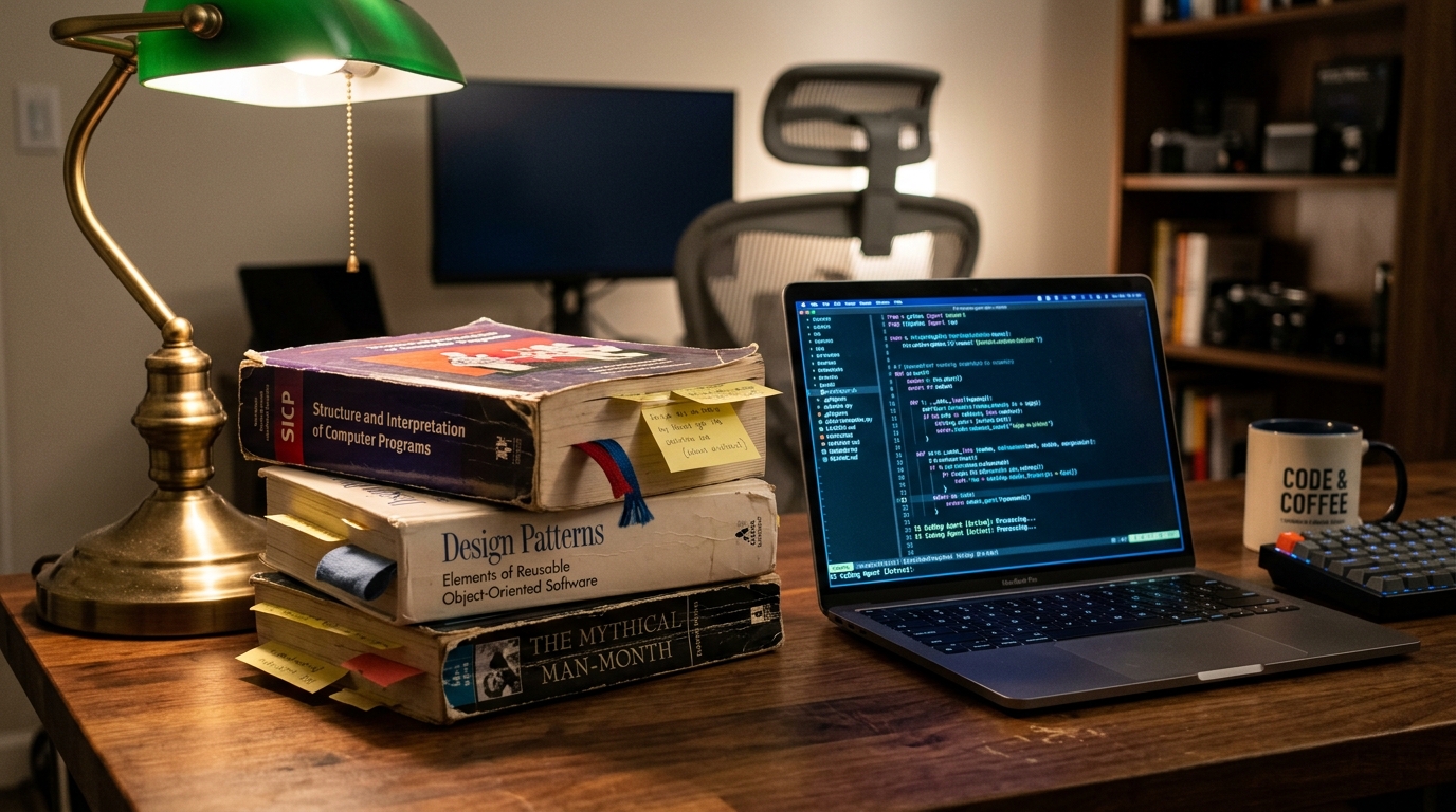 Classic software engineering books next to a laptop running an AI coding agent