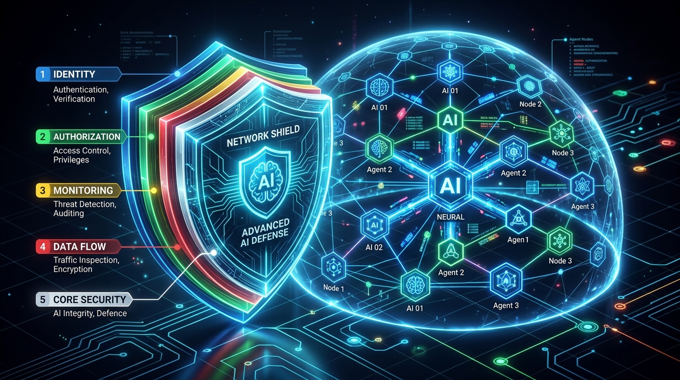 Layered shield protecting a network of AI agent nodes