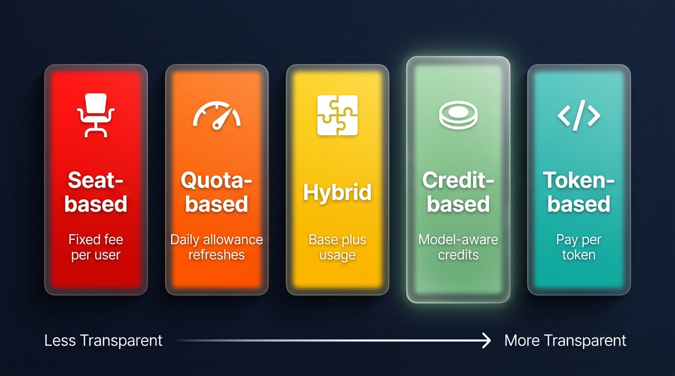 Five AI pricing models on a transparency spectrum — from seat-based (least transparent) to token-based (most transparent), with credit-based highlighted as the recommended balance