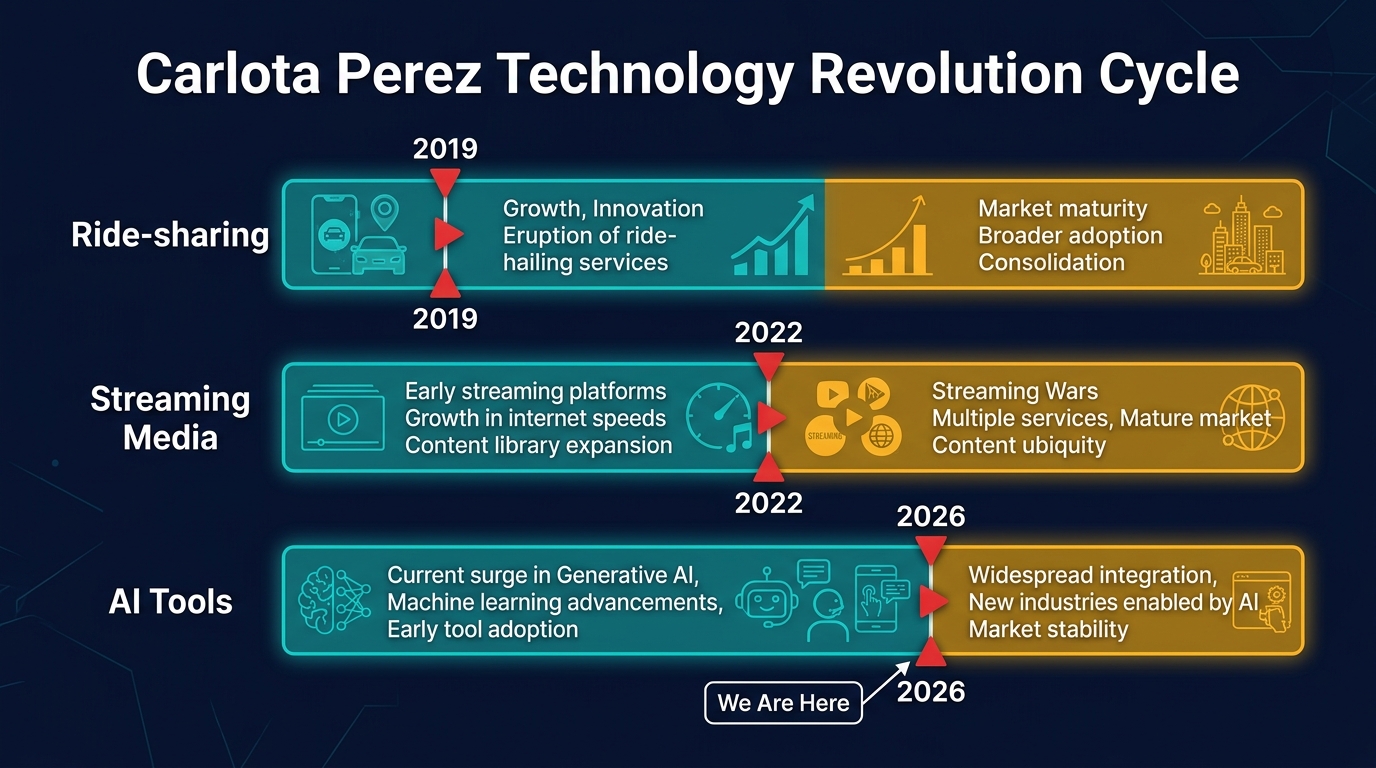 Carlota Perez Technology Revolution Cycle applied to Ride-sharing, Streaming Media, and AI Tools — each with independent turning points