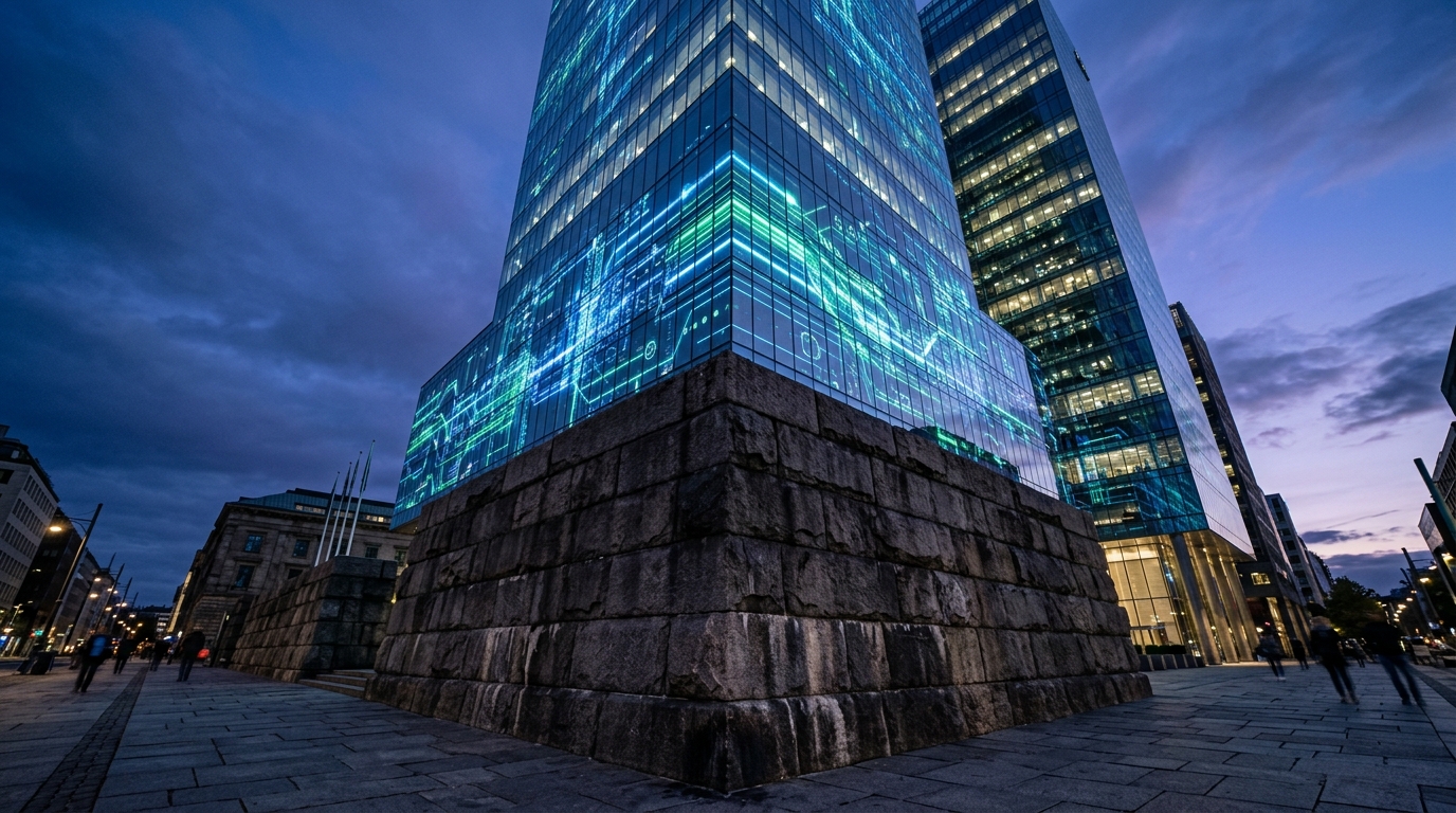 A solid foundation supporting a modern building glowing with digital light