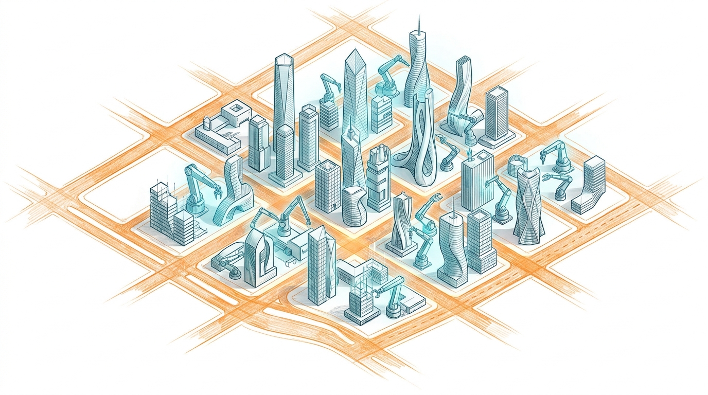 Bird's eye view of a city block with hand-drawn streets and machine-built buildings, representing humans owning boundaries while agents own interiors