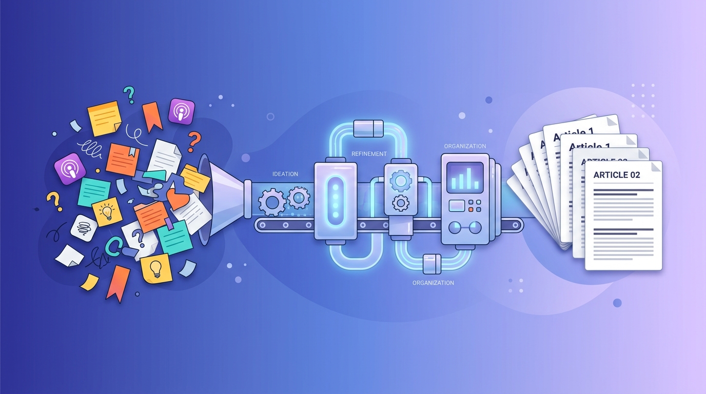 Raw ideas transforming into polished published articles through a pipeline
