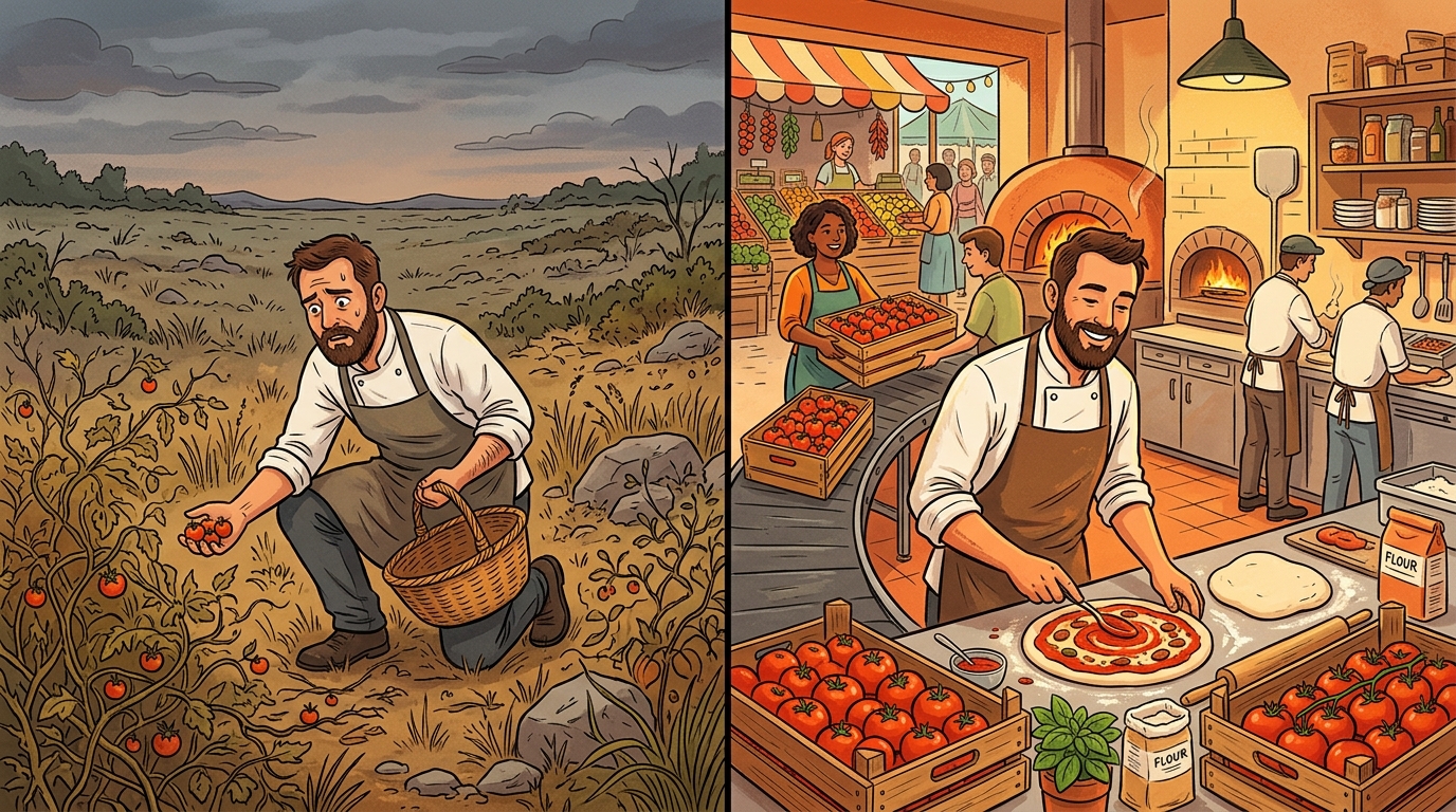 Split illustration: a chef foraging alone versus a chef with a stable market supply chain