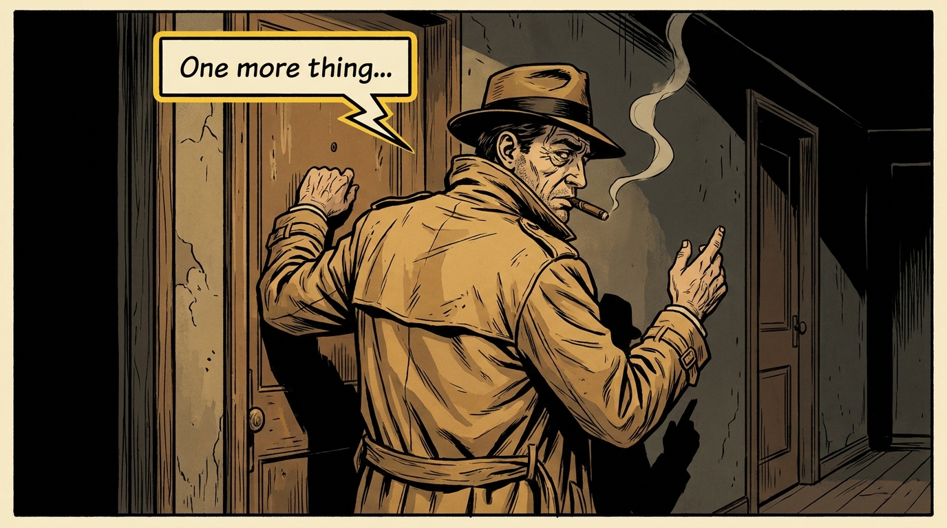 Comic-style illustration of a rumpled detective in a trench coat, leaning against a doorframe, half-turned, finger raised: One more thing...