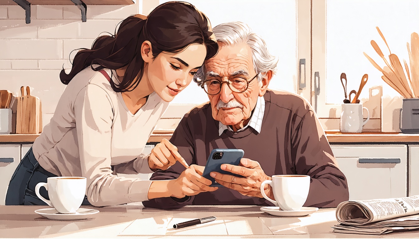 An adult child leaning over an elderly parent's shoulder, pointing at a phone screen the parent holds, both looking at it together