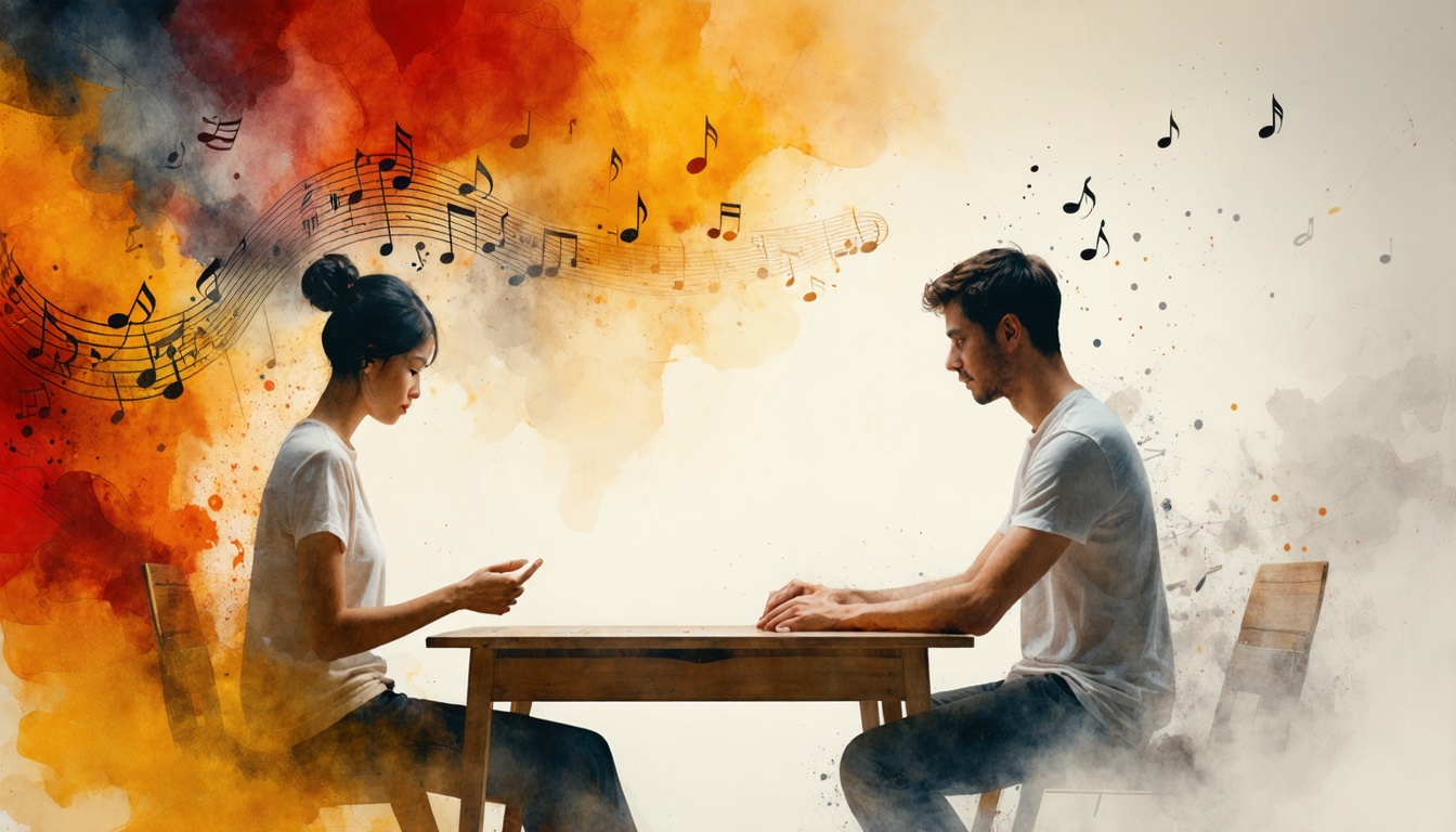 Two people at a table: on the left, the tapper with dense swirling music filling the air around them; on the right, the listener with only a few scattered notes