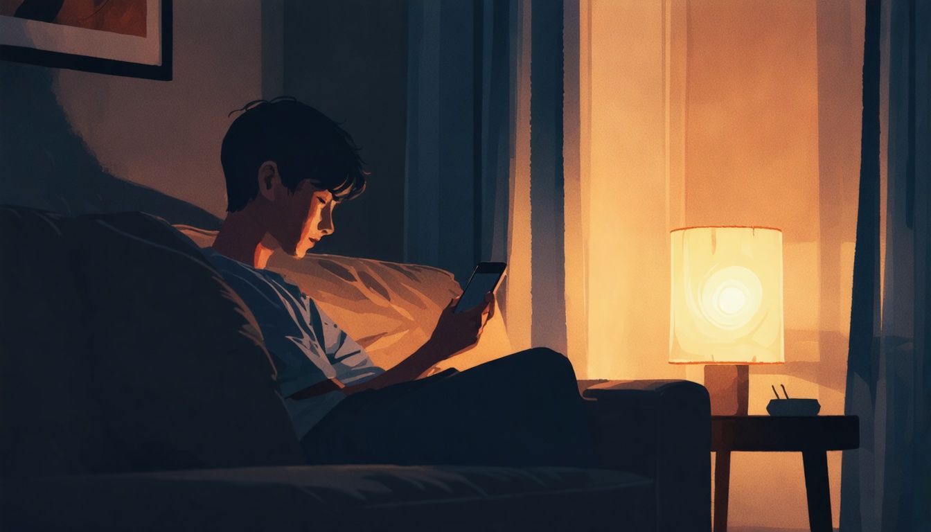 Watercolor illustration of a person on a couch at dusk, typing on a phone beside a warm lamp