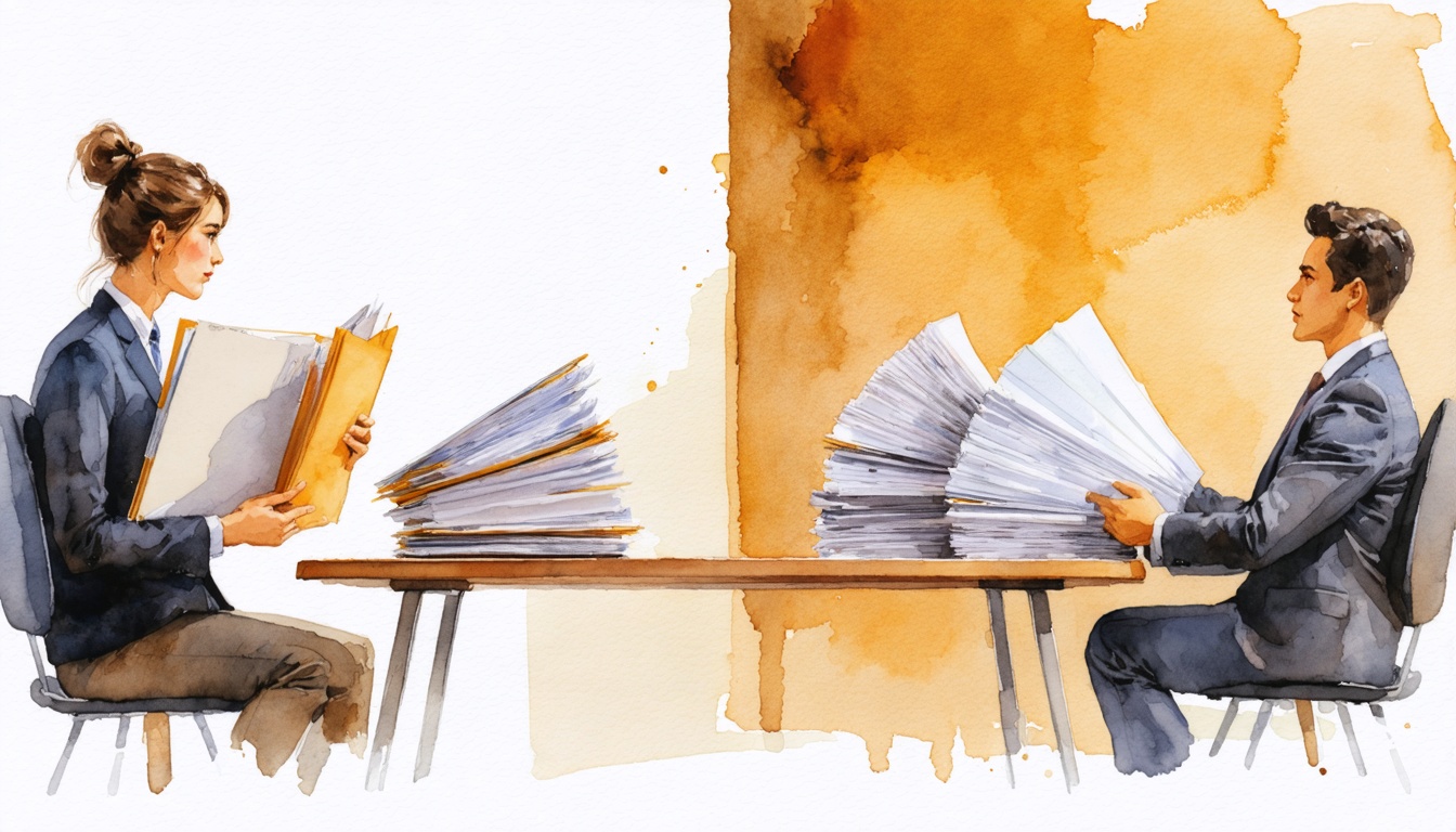 Watercolor illustration of two people at a table: on the left a candidate holding a single folder, on the right an interviewer beside wide fanned stacks of files