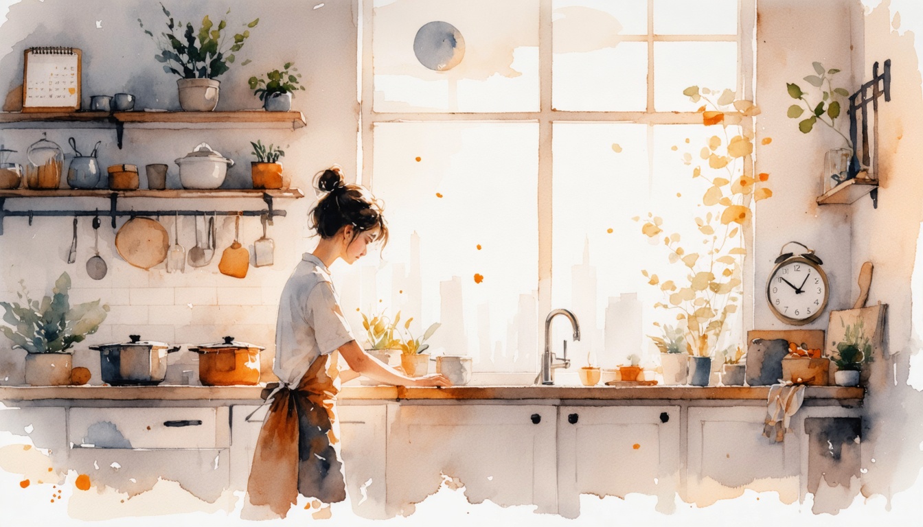 Watercolor illustration of a person pausing at a kitchen counter in warm evening light, surrounded by the quiet clutter of household life โ a calendar, pots, plants, a clock