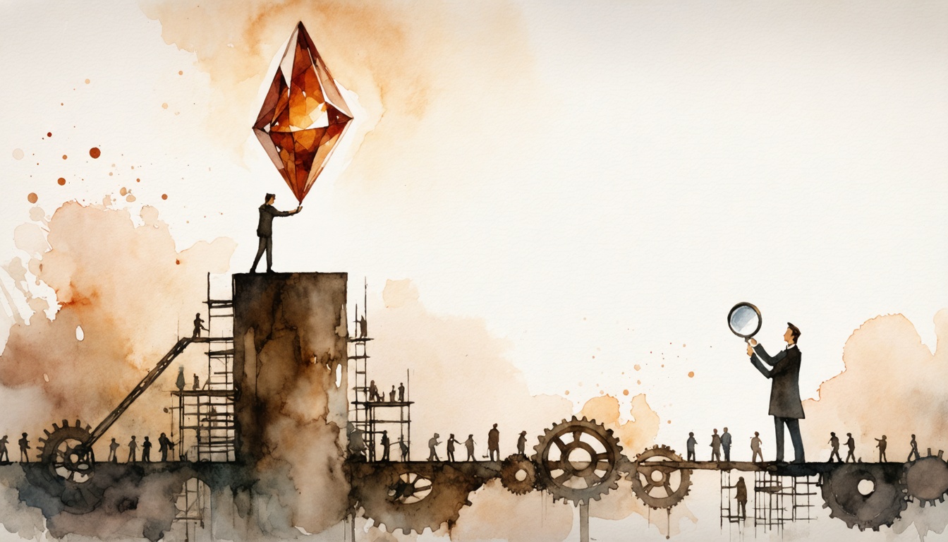 Watercolor illustration of a person examining a small polished gem on a pedestal with a magnifying glass, while tiny figures, gears and scaffolding support it from below
