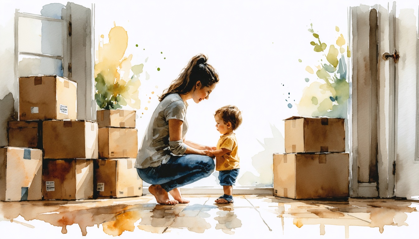 Watercolor illustration of a parent kneeling to talk with a small child in a hallway, moving boxes stacked nearby