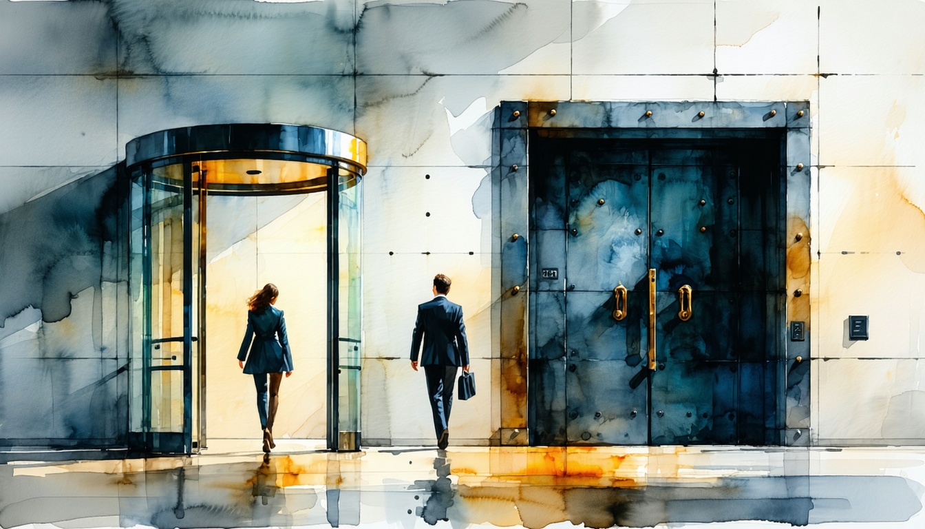 Watercolor illustration of two people leaving a room: one through a light glass revolving door, the other through a massive dark vault-like double door