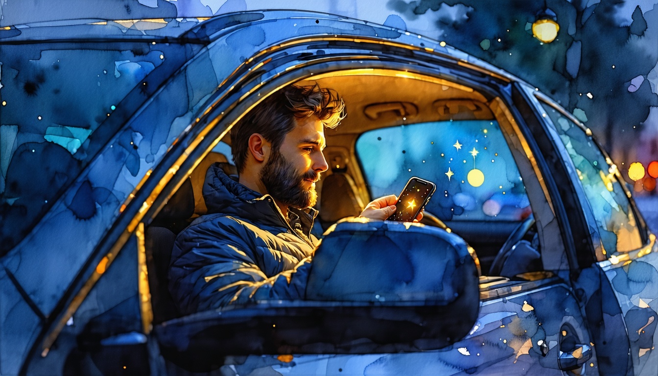 Watercolor illustration of a driver sitting in his parked car in the evening, looking at a phone showing a small constellation of star shapes