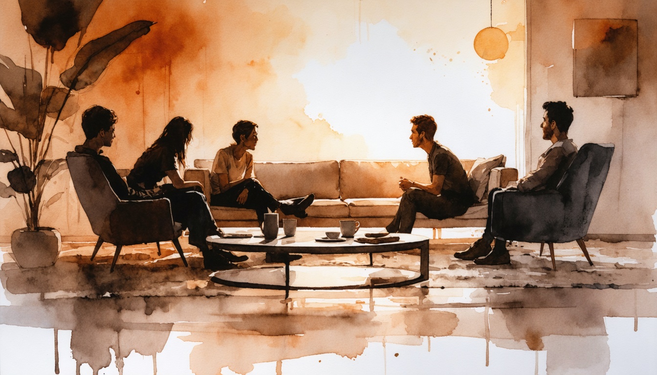 Watercolor illustration of a small group in quiet conversation around a living room coffee table in warm evening light